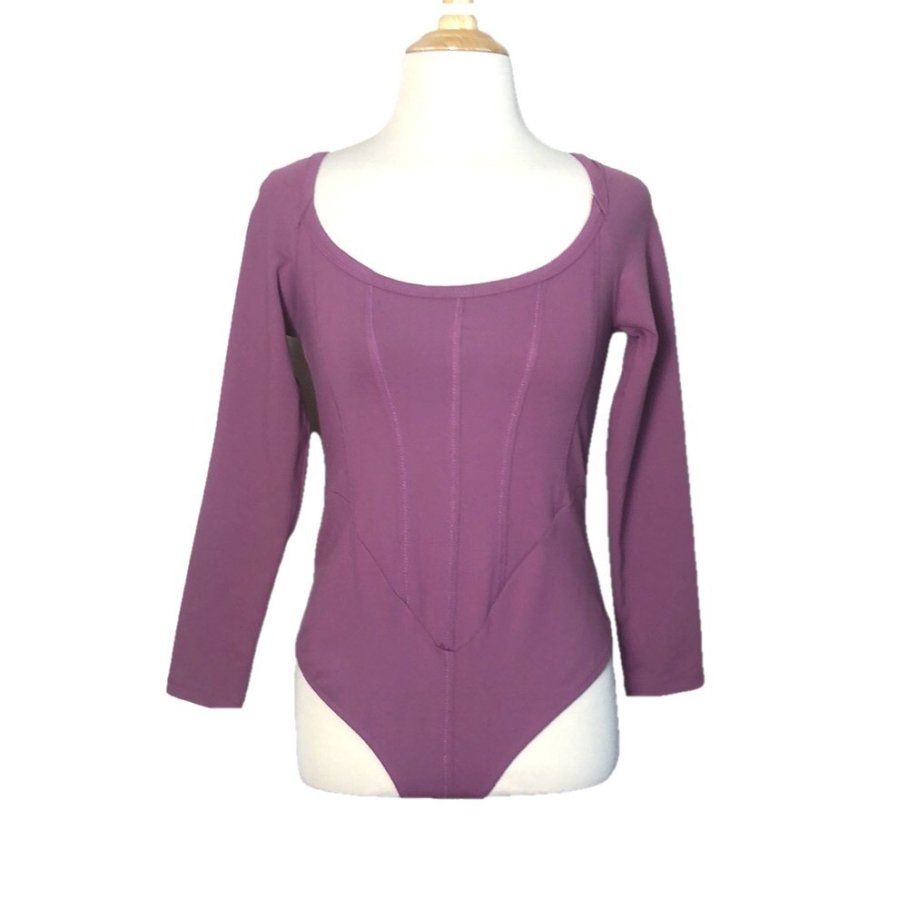 INTIMATELY FREE PEOPLE Women Small Long Sleeve Faux Corset‎ Scoop Neck Bodysuit